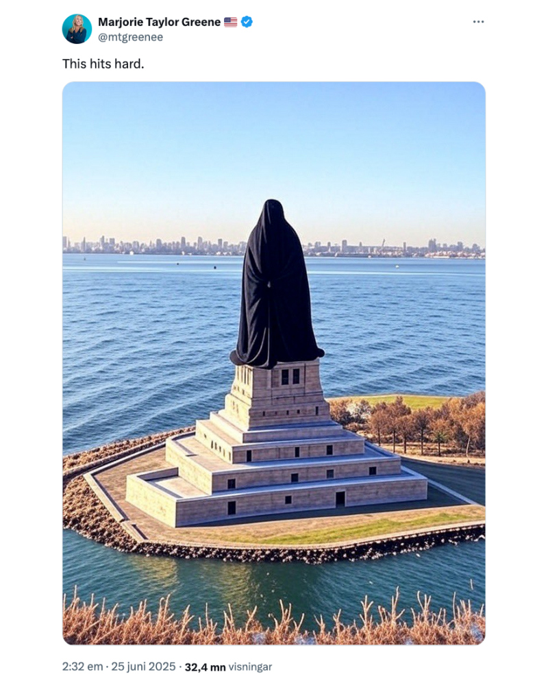 A tweet by Marjorie Taylor Greene with the Statue of Liberty dressed in a burka.
