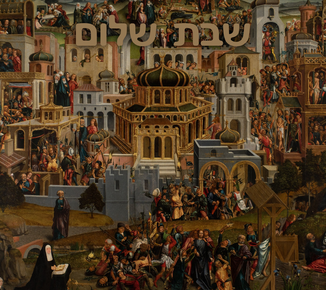 Shabbat message against a antique painting of Jerusalem.