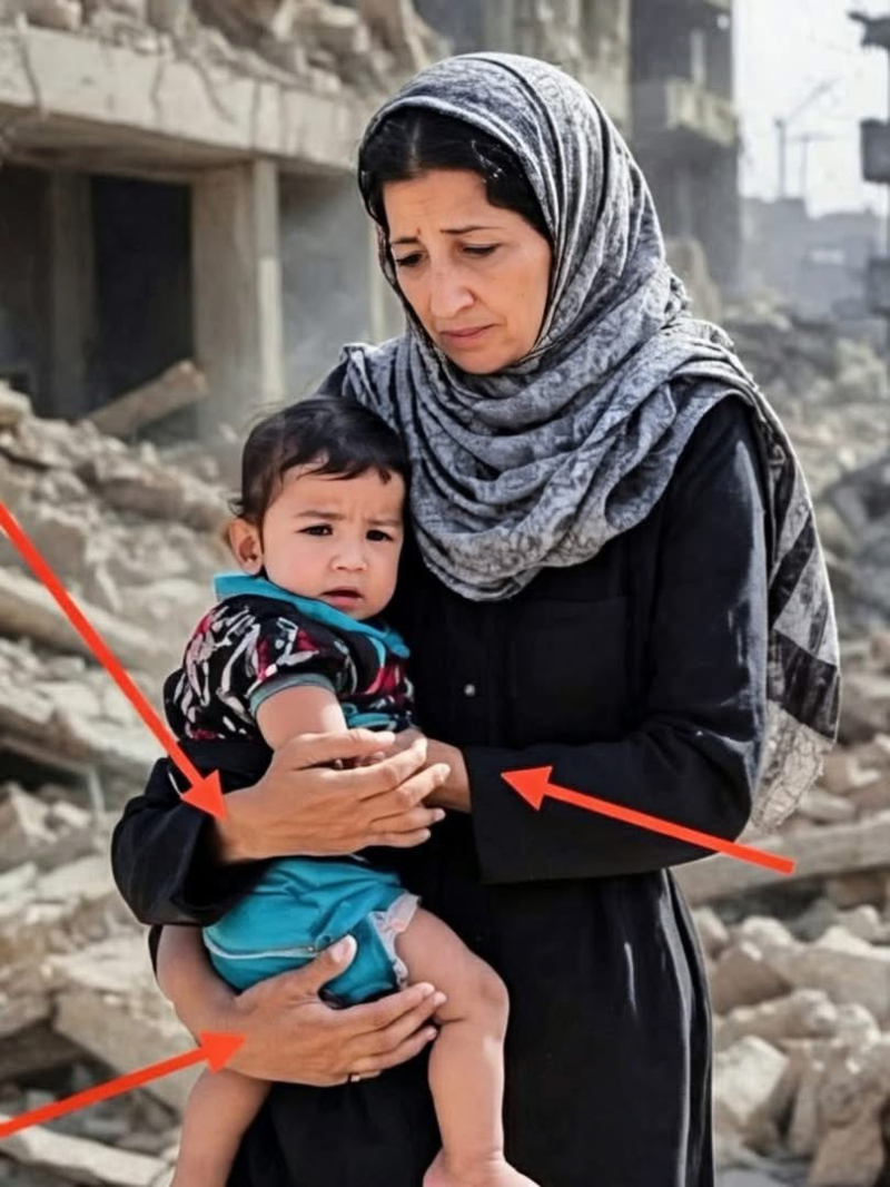 Photo of woman with three hands holding a child.