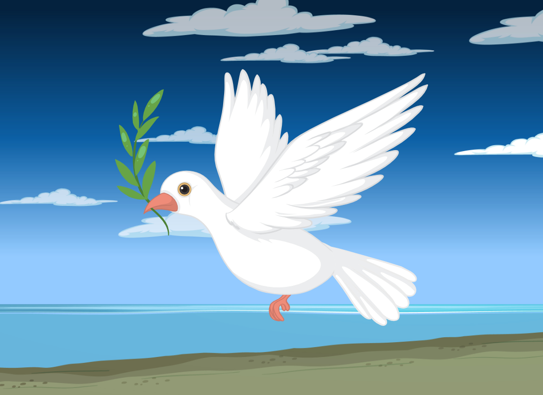 A peace bird flying against a blue sky.