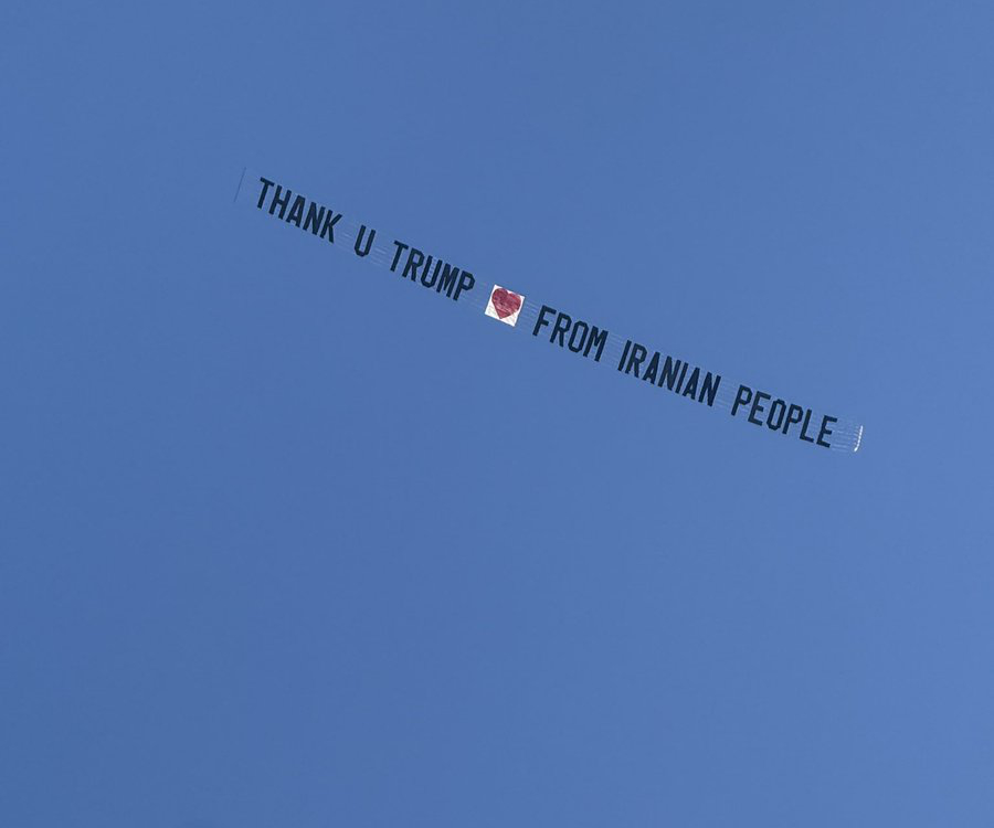 A sign flying over Los Angeles thanking Trump for Iran war.