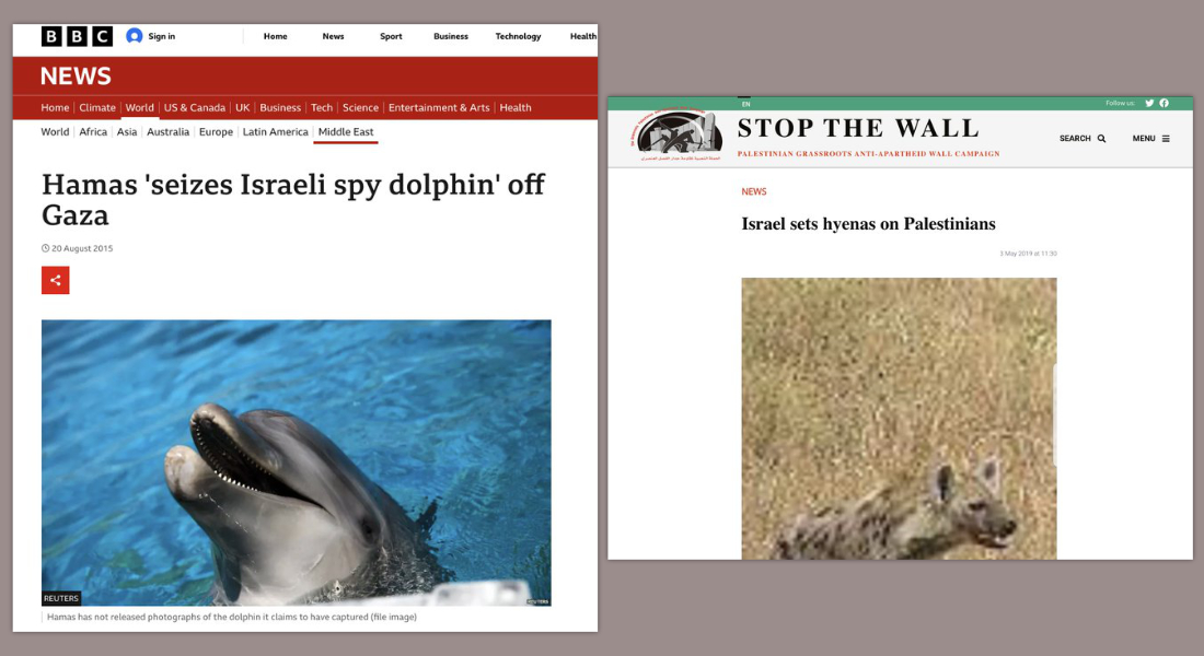 Images of news articles accusing Israel of using animals against Palestinians.