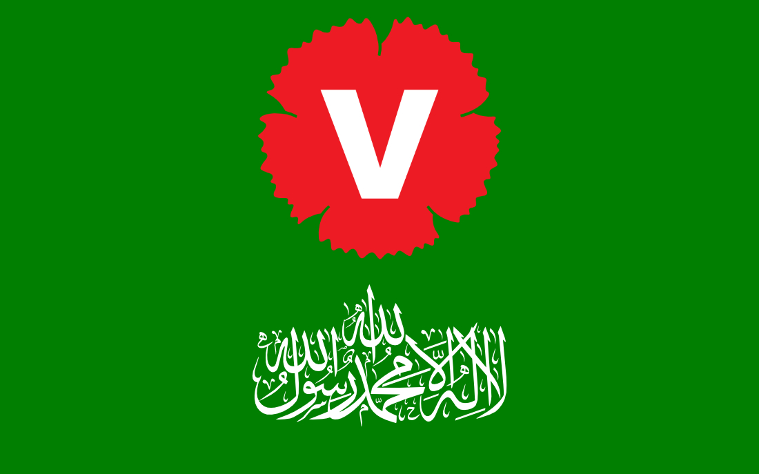 Left Party logotype against a Hamas flag.