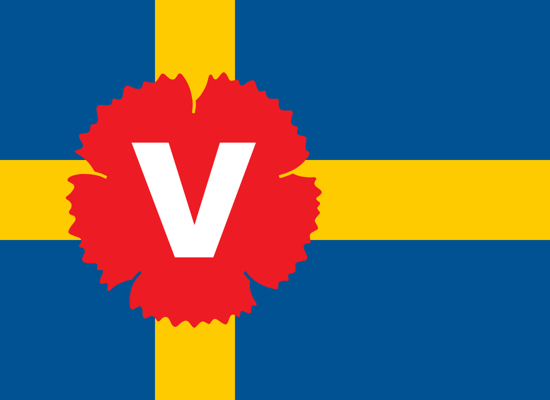 The logotype of the Left Party against the Swedish flag.